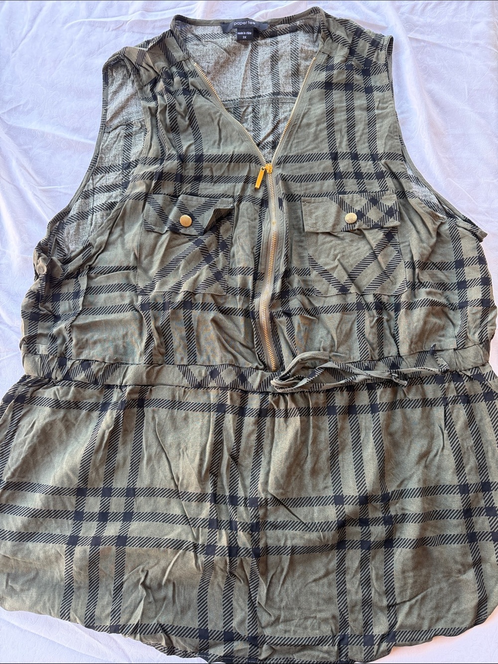 Paper Fox Olive Plaid Utility Sleeveless Jumpsuit